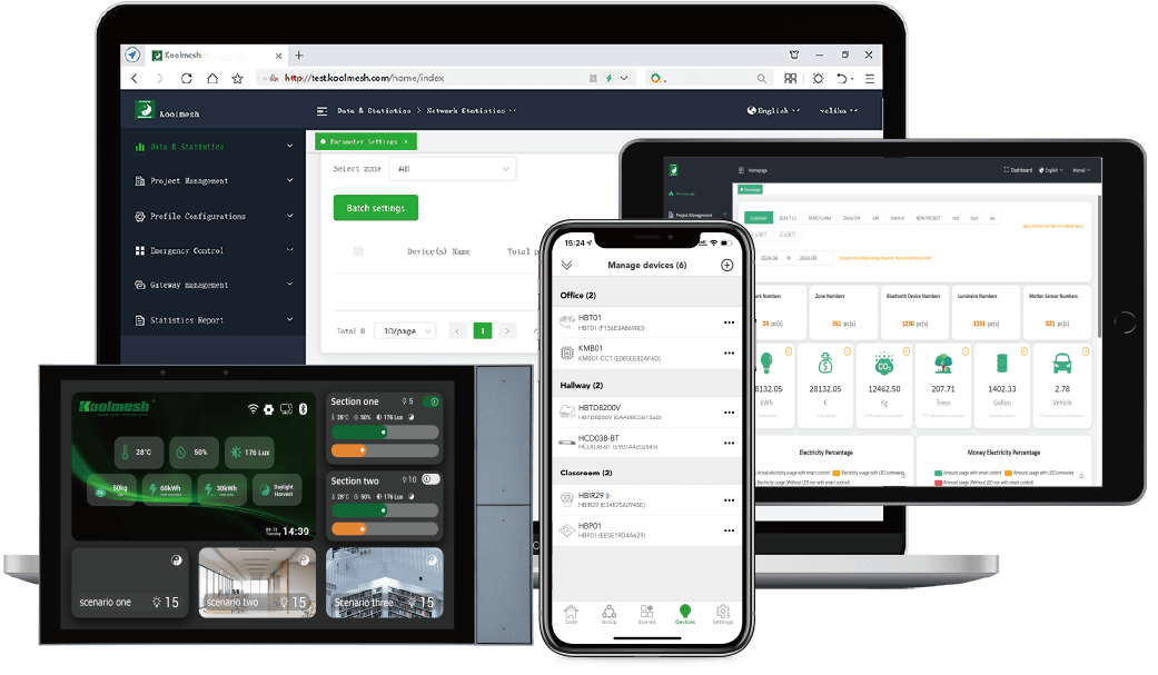 Koolmesh branded App, Web platform and control screen interfaces