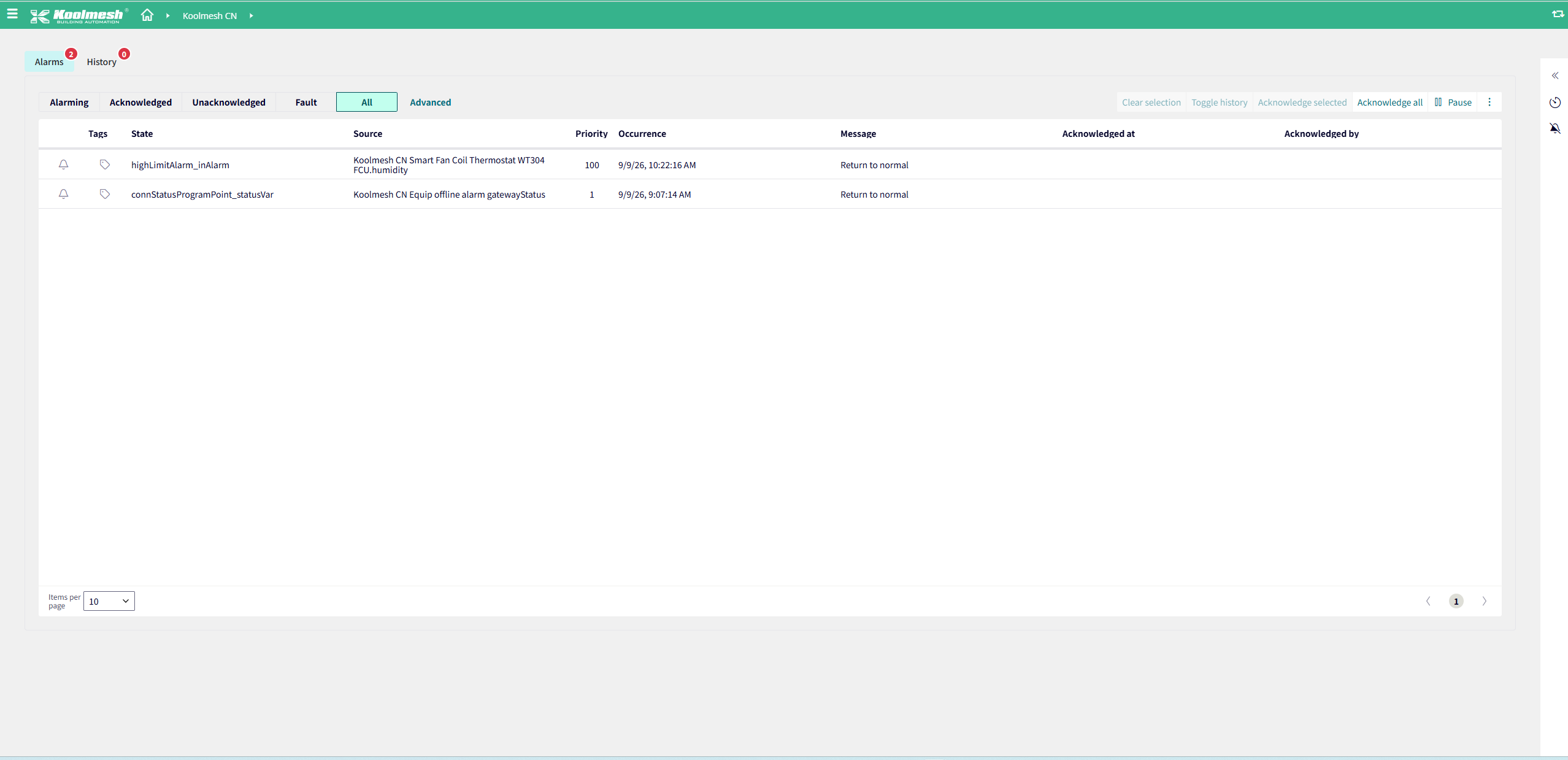 FIN Framework alarm history list showing states, sources, messages and values.
